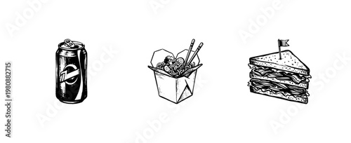 Fast Food and Takeout Dining Elements with Hand-Drawn Engraving Style and Detailed Cross-Hatching Textures