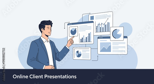Man presenting online client presentation with charts and graphs on screen