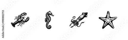 Marine Life and Sea Creatures including Octopus, Crab, and Lobster with Inky Brush Strokes and Hand-Drawn Sketchy Aesthetic