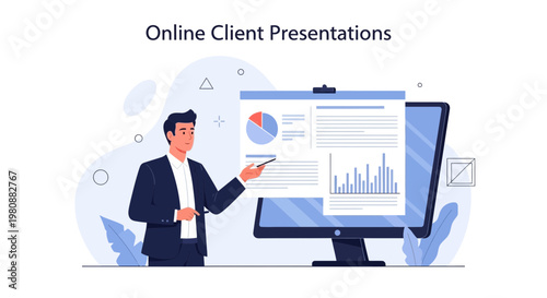 Man presenting online client presentation with charts on computer screen