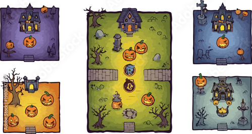 Spooky Halloween game map set with haunted houses and pumpkins, creepy graveyard level design vector, cartoon horror landscape backgrounds for mobile apps
