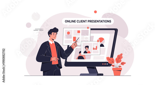 Man presenting online client presentations on computer screen, business meeting concept