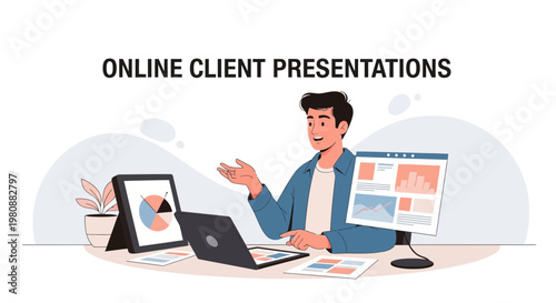 Man presenting online client presentations on laptop and tablet with charts