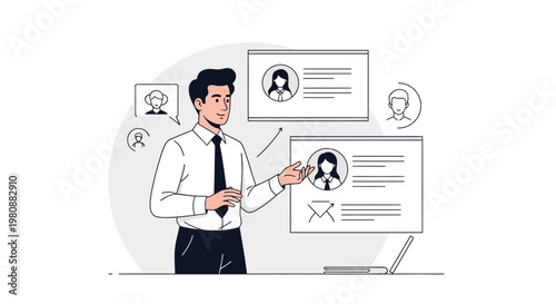 Man presenting profiles on screens, recruitment, hr, online cv, human resources
