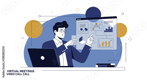 Man presenting virtual meeting analytics on screen, laptop and charts, modern business illustration