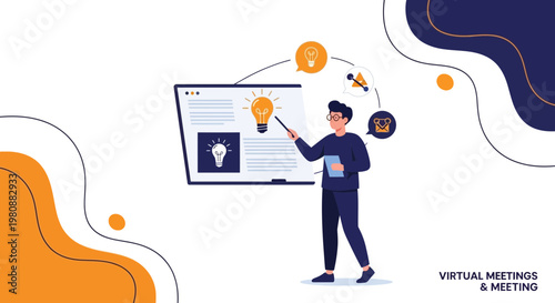 Man Presenting Virtual Meeting Ideas on Screen with Lightbulb Icons