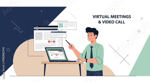 Man presenting virtual meeting on laptop, online communication concept