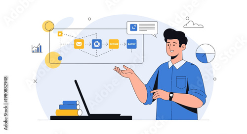Man presenting workflow diagram on laptop, business process, strategy, planning, analytics