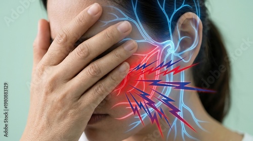 Woman suffering from a severe migraine headache holds her hand to her face while digital illustrations of glowing nerves represent chronic pain and neurological distress in a medical concept.