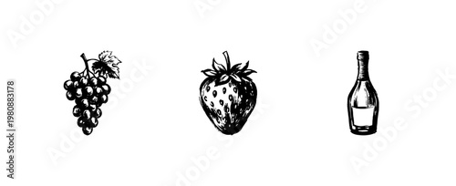 Champagne Flutes and Celebration Drinks with Fruits in Hand-Drawn Sketchy Style and Fluid Engraving Style