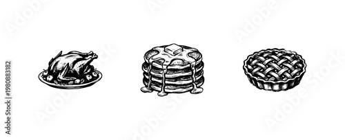 American Comfort Food and Classic Diner Cuisine with Hand-Drawn Inky Doodle and Textured Ink Wash Style