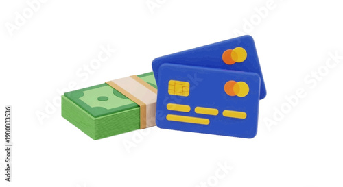 Vector illustration of 3d illustration of a stack of cash and two blue credit cards on a transparent background