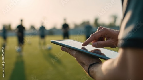 An outdoor sports coach using a tablet during training session on a grassy field