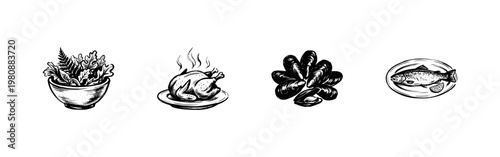 Gastronomy and Restaurant Menu Food Elements with Hand-Drawn Inky Doodle and Organic Sketchy Textures