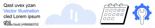 Cloud storage, data sync, scheduling, maintenance, IT settings system tools. Cloud with arrows calendar gear. Cloud storage and data sync concept. Line metaphor. Simple line icons