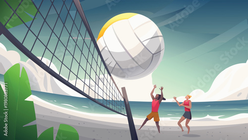 Beach Volleyball Game Scene Vector Illustration o