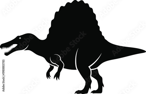 Black silhouette of a spinosaurus dinosaur with a large sail on its back prehistoric ancient reptile