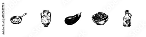 Greek Cuisine and Mediterranean Food Ingredients in Hand-Drawn Inky Doodle Style