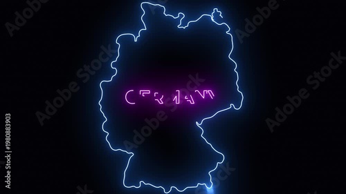A neon glowing outline of Germany with bright blue edges and a vivid pink title. The futuristic style and dark background create a bold, modern visual ideal for tech themes