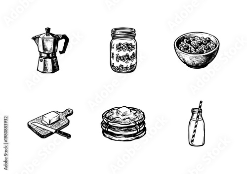 Breakfast Food and Morning Kitchen Essentials with Hand-Drawn Inky Brush Strokes and Organic Sketchy Line Art
