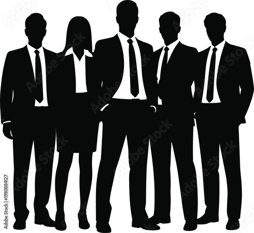Business team silhouettes group, confident corporate professionals standing together vector illustration for leadership, teamwork, company branding design