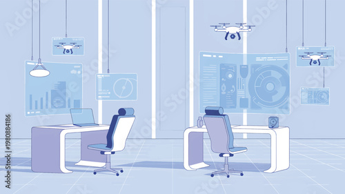 Two workstations with desks, chairs, floating holographic data screens, and quadcopter drone models