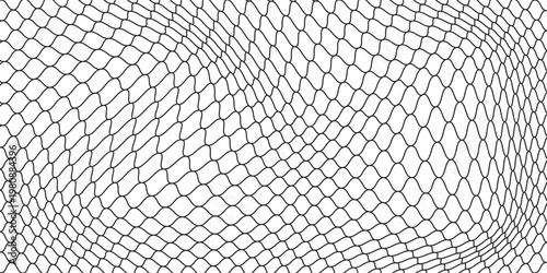 Fishing or soccer net. Repeated hexagon pattern. Black wired mesh texture isolated on white background. Metallic or fabric fence, cage or lattice structure. Vector graphic Illustration.