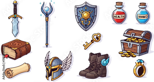 Fantasy RPG game icons set, medieval adventure equipment and magic items vector, cartoon warrior weapons and loot collection for mobile gaming interface