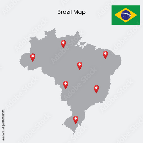 A gray map of Brazil with red location pins and the Brazilian flag in the corner.