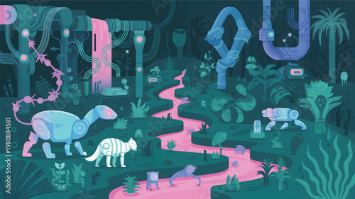 Robotic animals and a glowing pink stream in a dark, futuristic jungle with pipes and mechanical flora