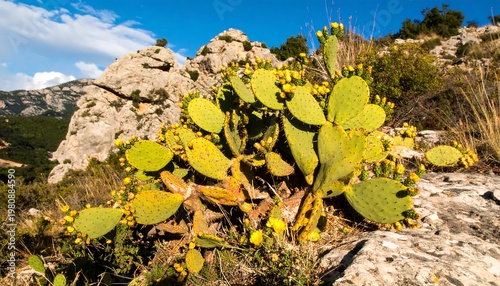 Prickly pear cactus on rocky outcrop
