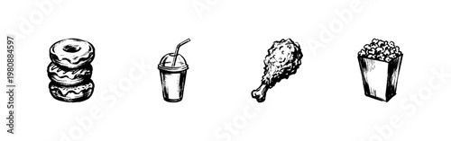 Fast Food Snacks and Junk Food Meal Elements with Inky Brush Strokes and Hand-Drawn Sketchy Aesthetic