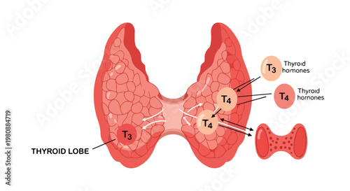 Detailed illustration of the human thyroid gland showing lobes and the production of thyroid hormones T3 and T4