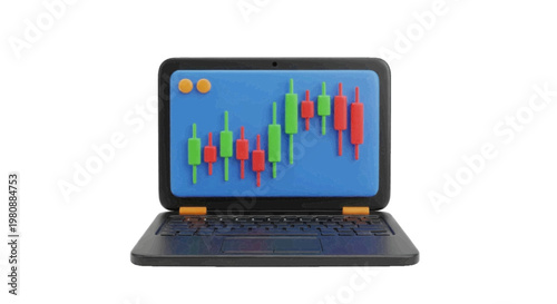 Vector illustration of 3d render of a laptop displaying a financial stock market candlestick chart on a transparent background