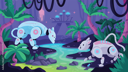 Two robotic dogs are drinking from a glowing green stream in a purple alien jungle with palm trees