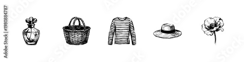 Parisian Lifestyle and French Travel Elements with Hand-Drawn Sketchy Aesthetic and Inky Brush Strokes