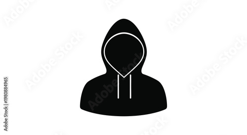 A stark black silhouette depicts a hooded figure head and shoulders against a white background silhouette high quality professional detailed modern