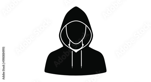 A stark black silhouette depicts a hooded figure with a blurred face creating a mysterious and anonymous impression silhouette high quality