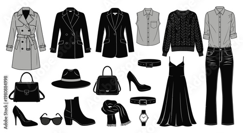 A collection of various clothing items and accessories presented in a minimalist black and white silhouette high quality professional detailed modern