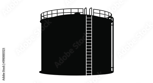 A stark black silhouette of a large cylindrical storage tank with a ladder isolated on a white background silhouette high quality
