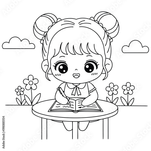 Cute Girl Writing at Table Coloring Page for Kids

