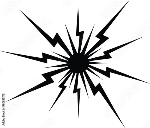 Black abstract starburst with jagged lightning bolt radiating outwards on white background explosion
