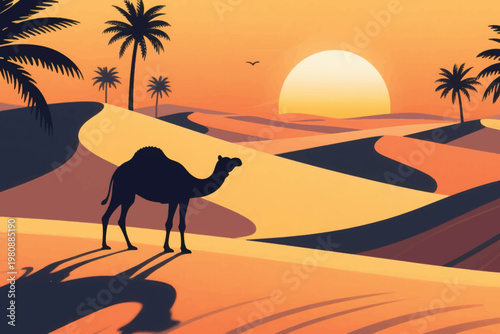 Camel In The Desert With Sunlight Illustration Creative Design Template 
