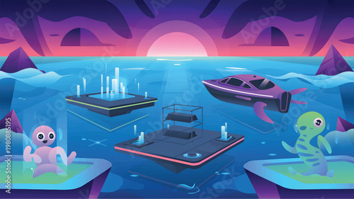 Sci-fi landscape with floating platforms, a purple speedboat, and two cute alien creatures at sunset