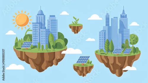 Floating islands with blue skyscrapers, green trees, solar panels, and a bright yellow sun in the sky