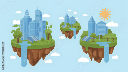 Three floating islands with blue skyscrapers, solar panels, green trees, and waterfalls in the sky