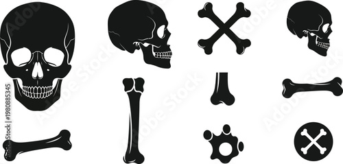 Black skull and crossbones and bone on white background