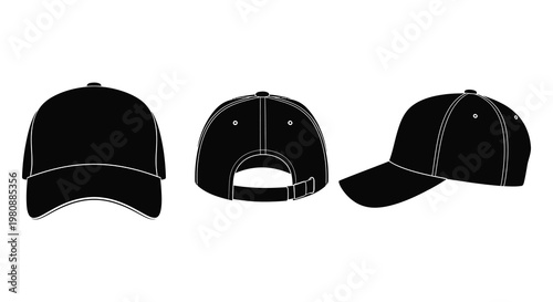 Three black baseball caps are displayed in different orientations showcasing design details as a striking silhouette high quality professional detailed modern