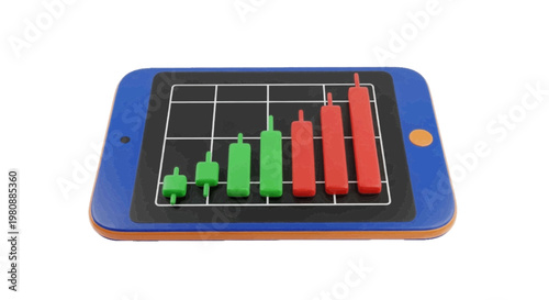 Vector illustration of 3d render of a tablet displaying a financial candlestick chart on a transparent background