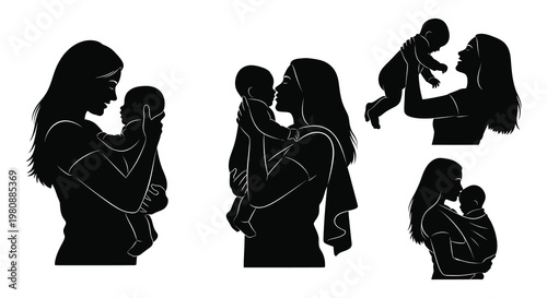 A collection of maternal figures with infants depicted in striking black forms showcasing motherhood silhouette high quality professional detailed modern elegant